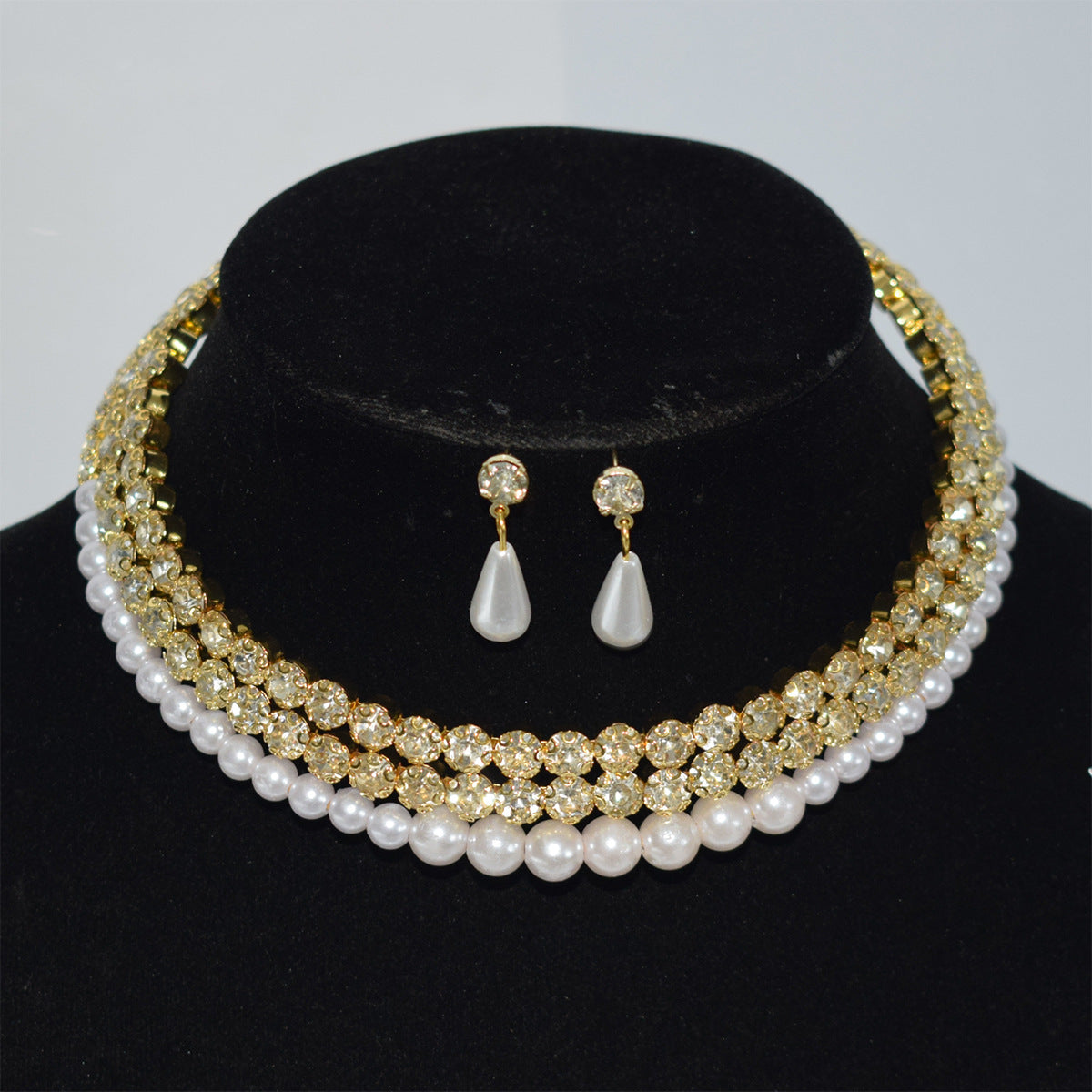 Pearl Diamond Collar Bridal Rhinestone Three-piece Jewelry Set