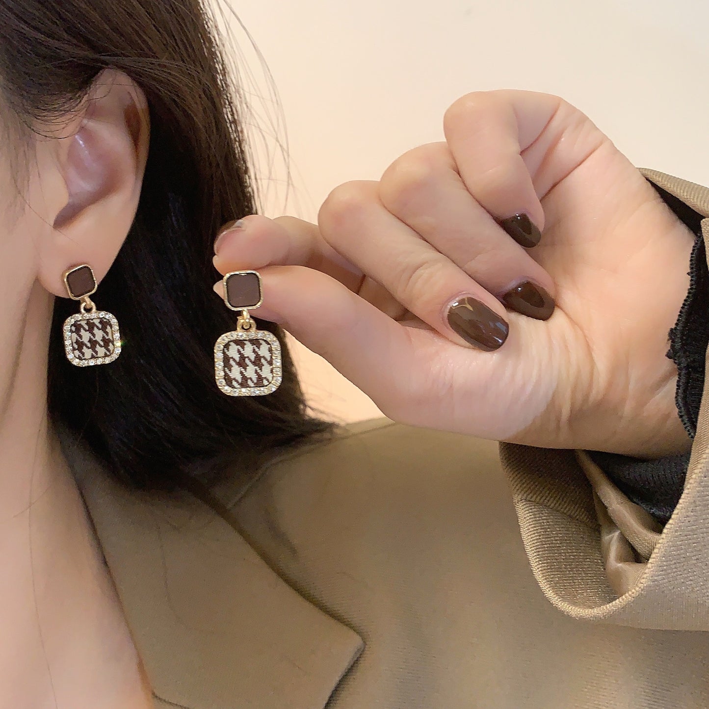 Needle Coffee Color Series Square Leather Earrings