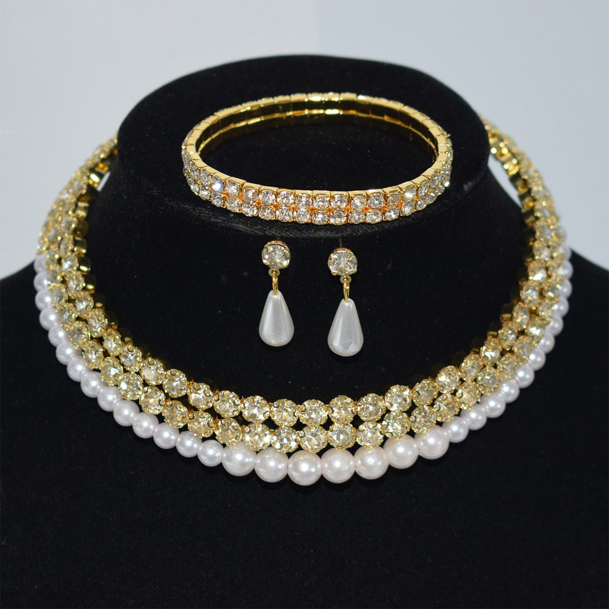 Pearl Diamond Collar Bridal Rhinestone Three-piece Jewelry Set