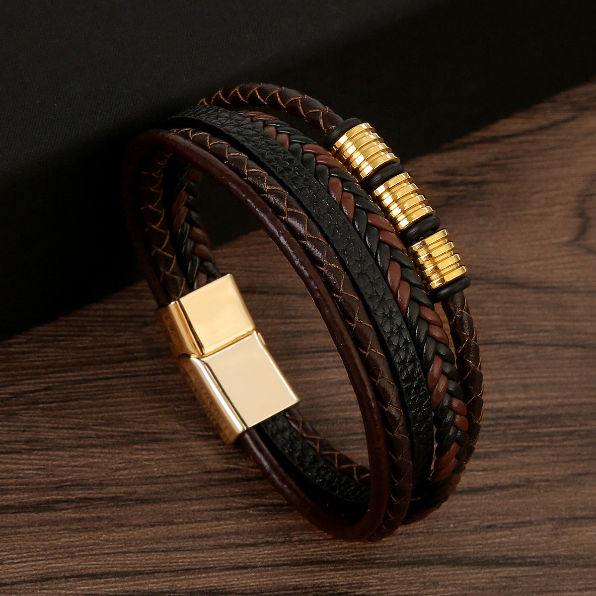 Men's Stainless Steel Woven Leather Magnetic Buckle Bracelets