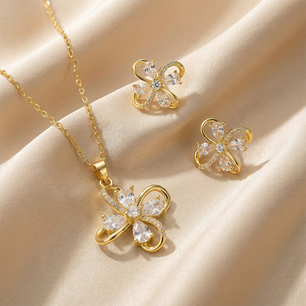 Women's Copper Inlaid Zirconium Flower For Graceful Fashion Ear Jewelry Set