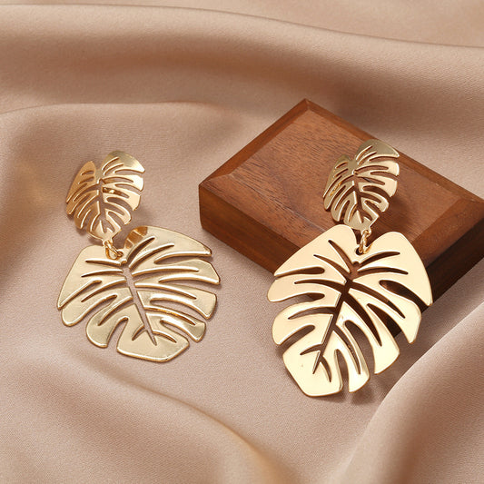 Grandes boucles d'oreilles tendance en métal, double feuille d'arbre