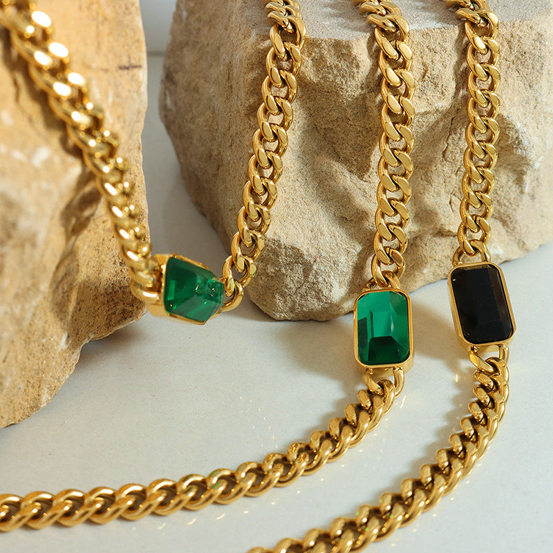 Women's & Men's Exaggerated Thick Chain Cuban Link Metal Hip Hop Glass Stone Jewelry Set