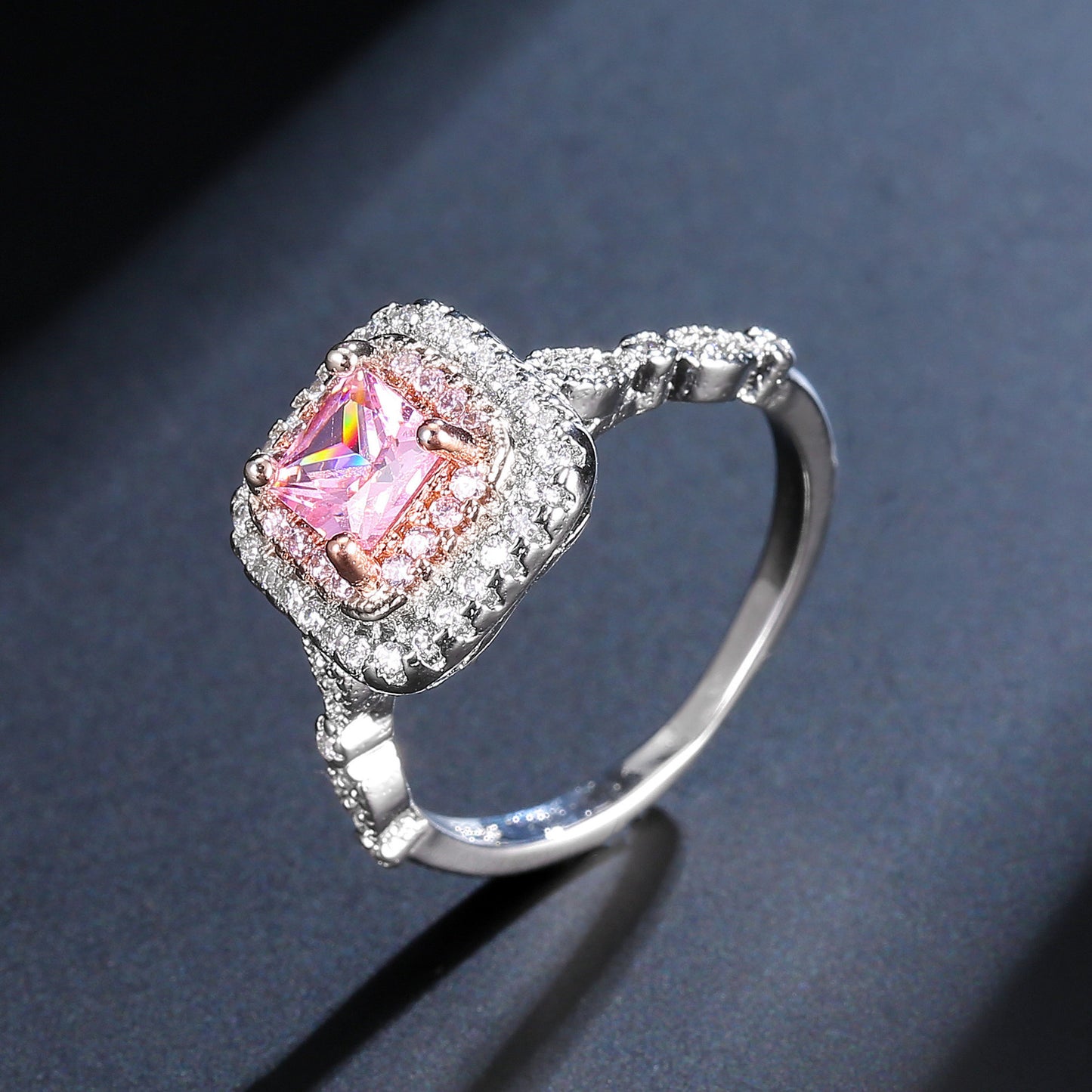 Women's Sier-plated Pink Colorful Gold Simulation Diamond Rings