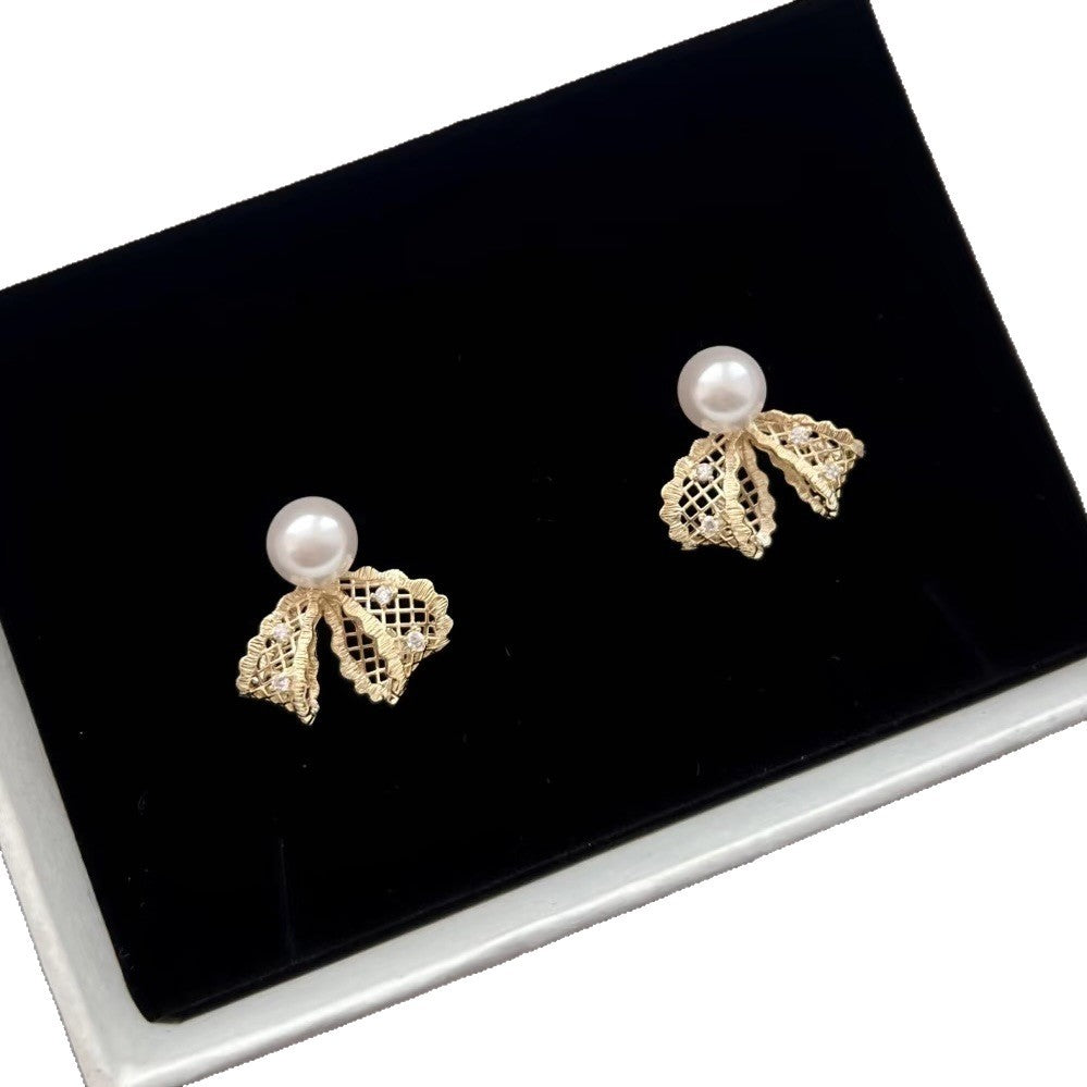 Golden Lace Bow Imitation Pearl Light Luxury High Sense Niche Stud Earrings