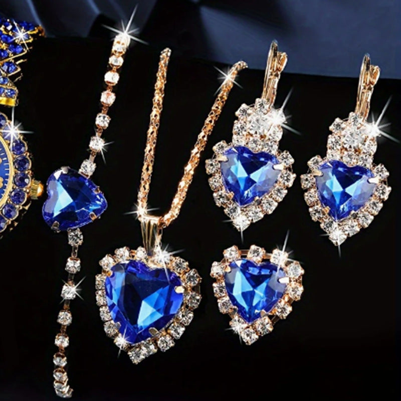Women's Diamond Heart-shaped Rhinestone Light Blue For Jewelry Set