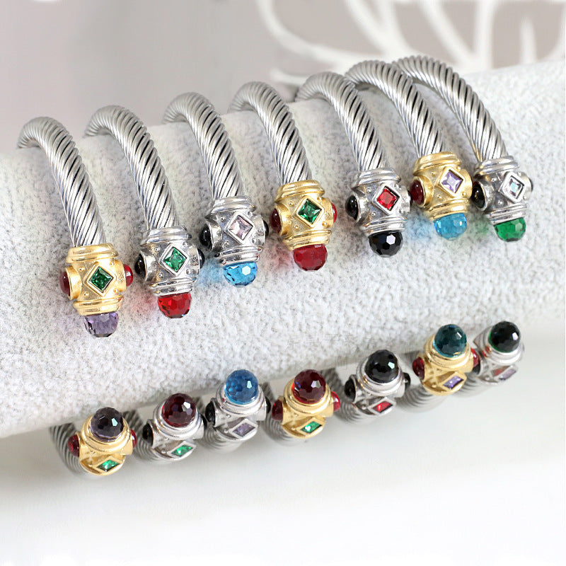 Wire Stainless Twisted Colorful Zircon Couples Openings Bracelet
