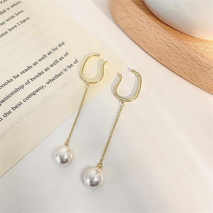 French Retro Painless Pearl Tassel Asymmetric Simple Ear Clip
