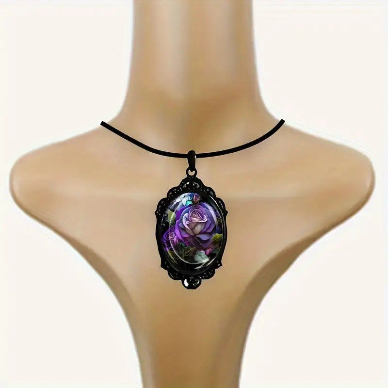 Flowers Print Black Frame Glass Chain Romantic Gift Necklaces