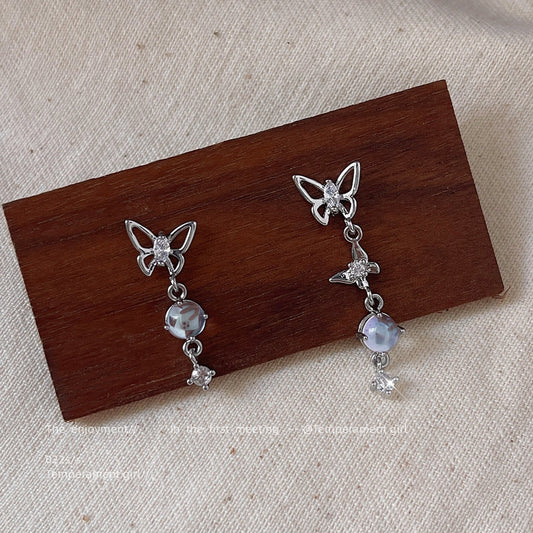 Inlaid Zircon Sier Needle Asymmetric Design Earrings