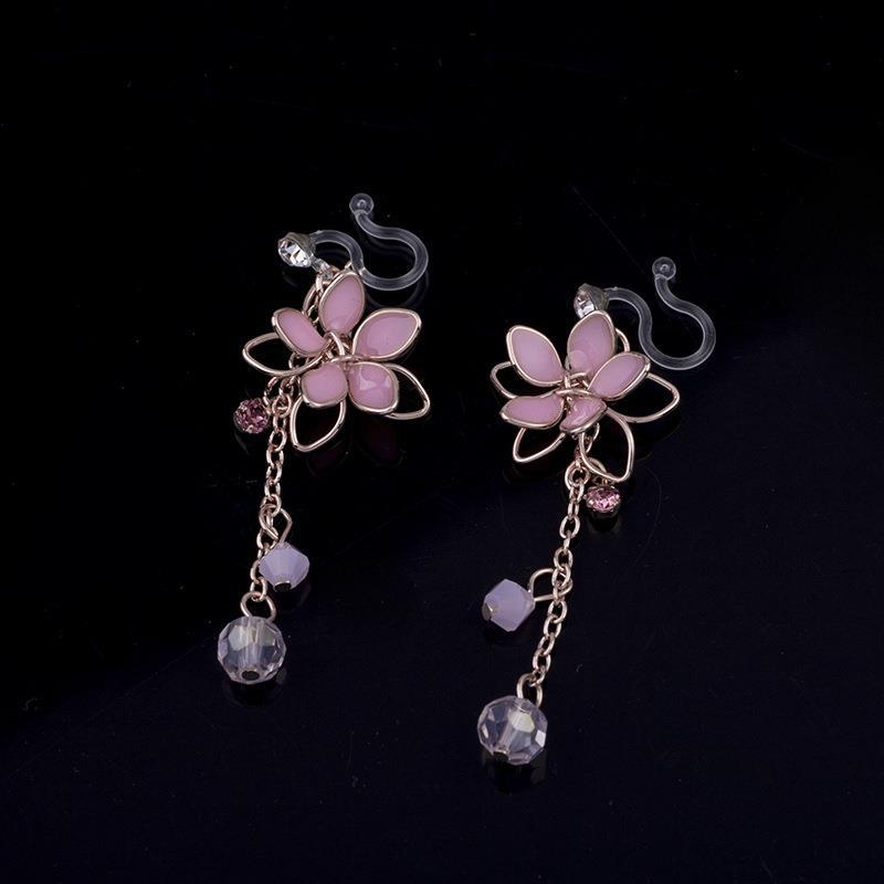 Antique Pink Five Petal Flower Tassel Ear Clips Earrings