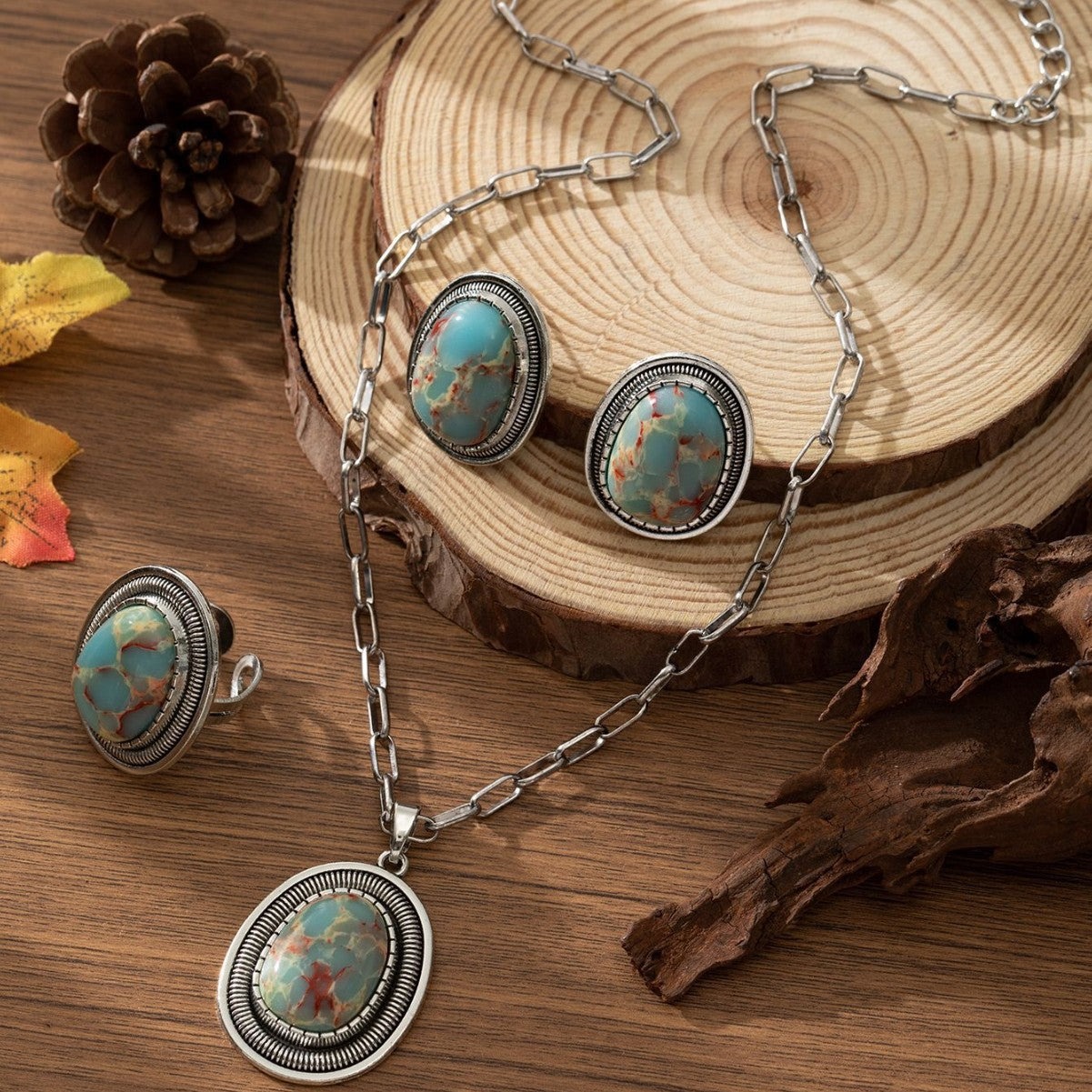 Women's Oval Turquoise Retro Fashion Minimalism Leather Asian Jewelry Set