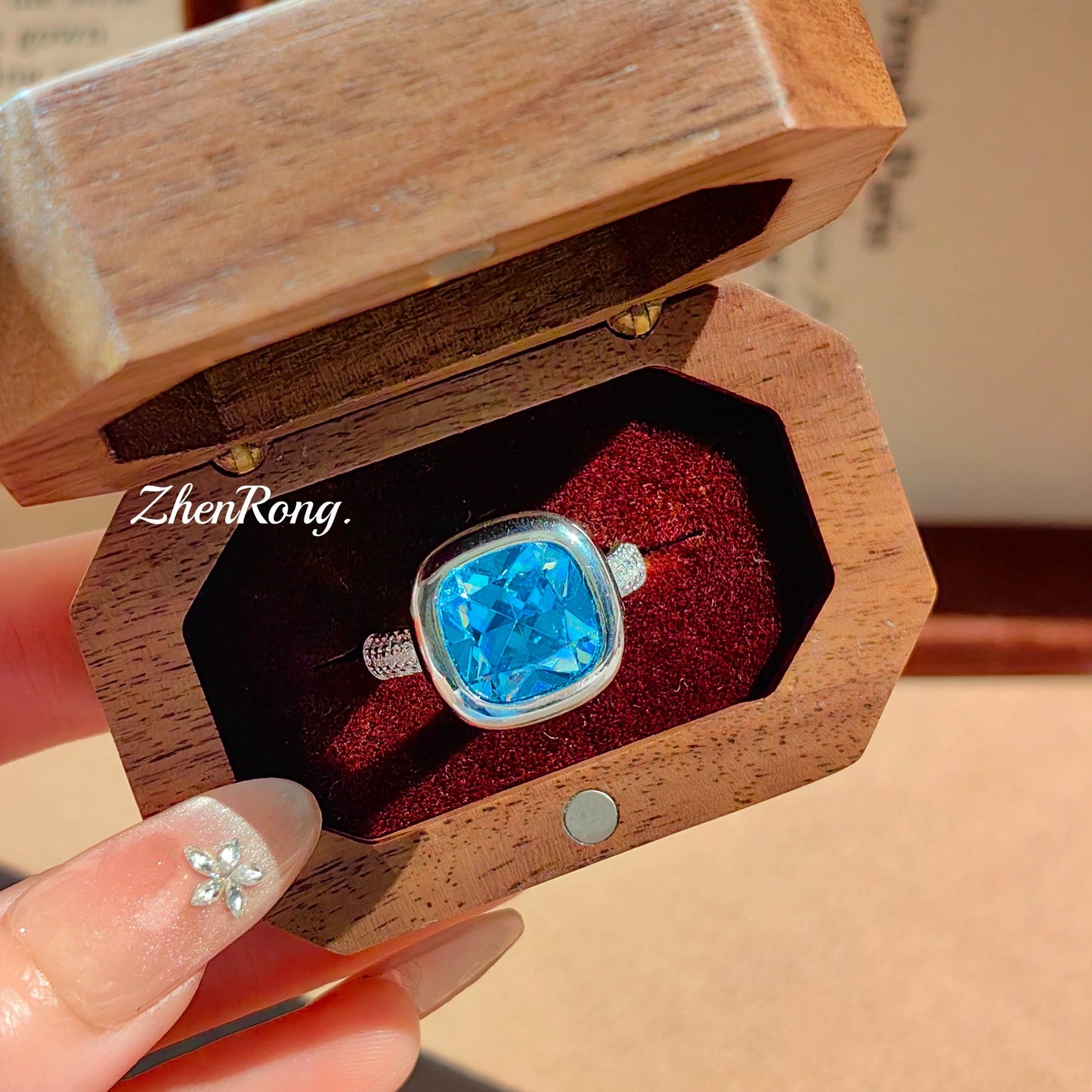 Women's Luxury French Small Square Sugar Cube Ear Aquamarine Plump Rose-red Jewelry Set