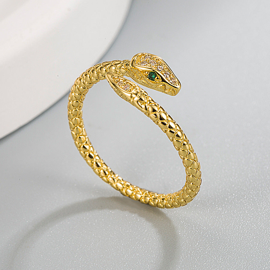 Retro Snake-shaped Inlaid Zircon Personalized Fashion Gold-plated Adjustable Rings