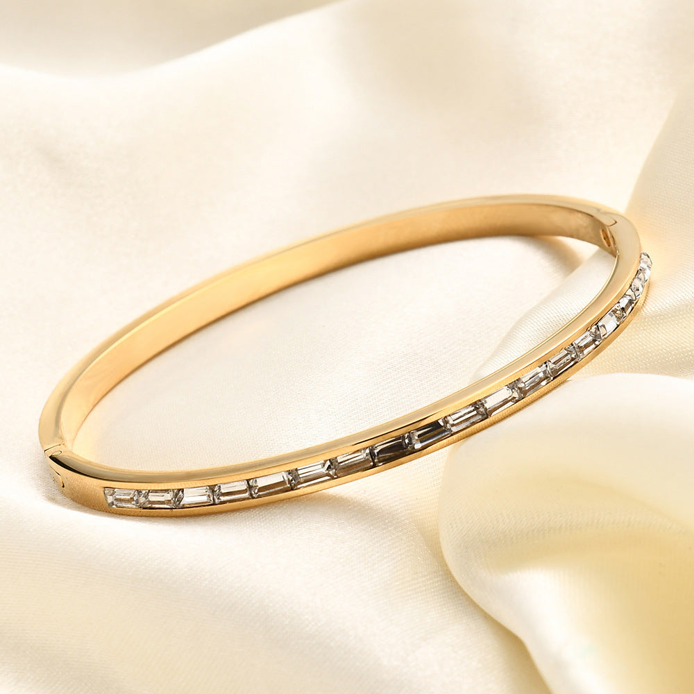 Simple Strip Inlaid Zirconium Stainless Steel Oval Open-ended Bracelet