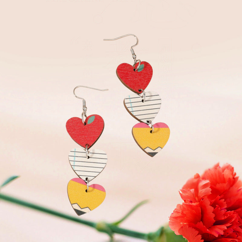 Fashion Creative Heart Notepad Pencil Printing Earrings