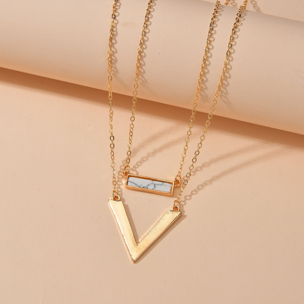 Turquoise Pendant V-shaped Alloy Double Multilayer Necklaces