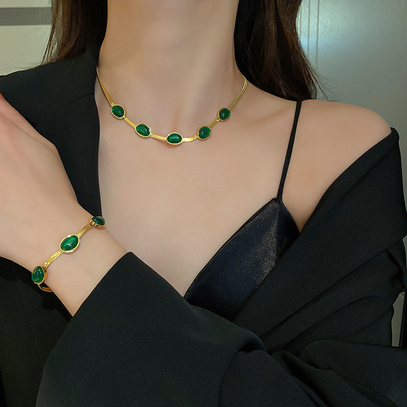 Fashion Charm Emerald Blade Chain Stainless Steel Jewelry Set