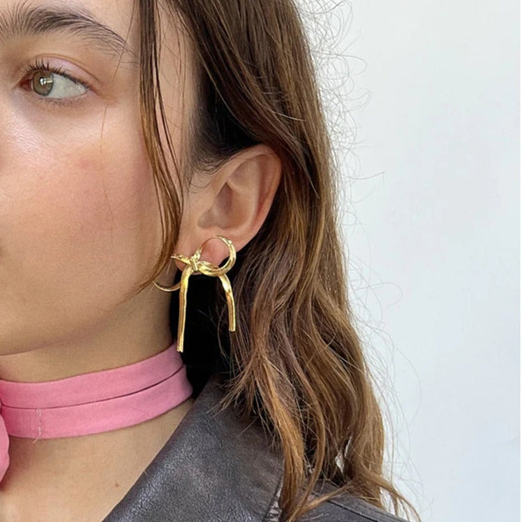 Bow Long Fringe Snake Bones Chain Earrings