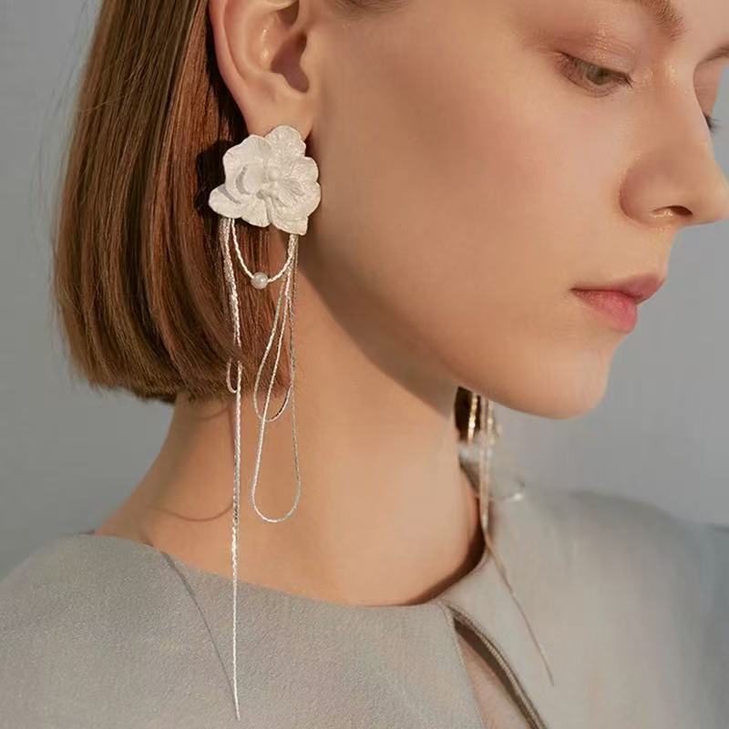 Fairy Flowers Phalaenopsis Long Tassel Niche High-grade Sier Needle Frosty Earrings