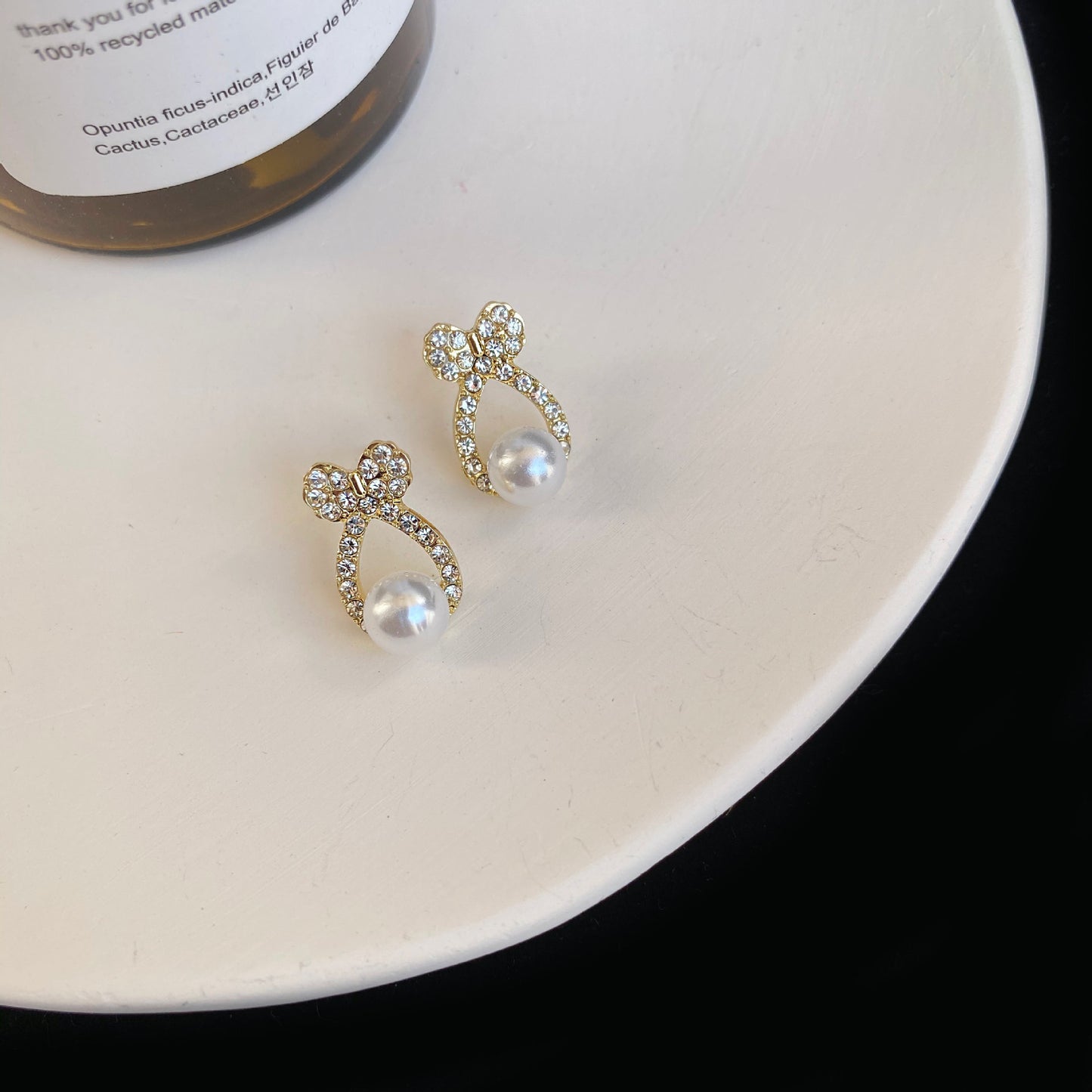 Bow Rhinestone Pearl Female Simple Graceful Design Earrings