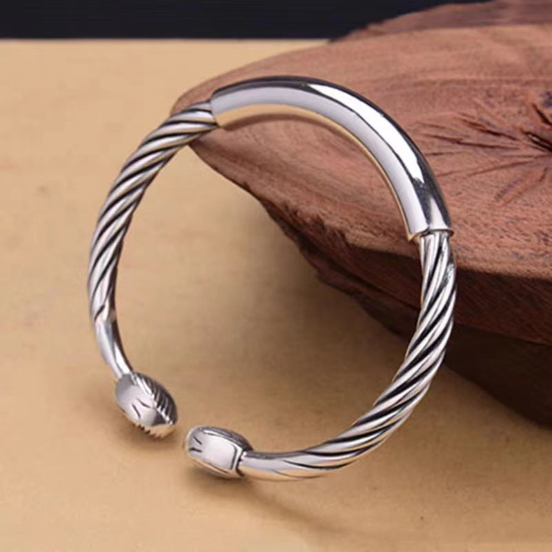 Simple Thai Personalized Braided Twisted Shiny Retro Aged Alloy Opening Bracelet