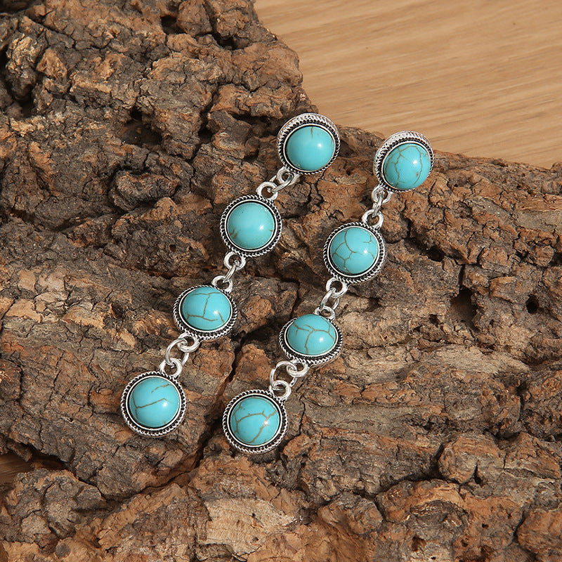 Round Long Eardrops Ear Turquoise Tassel Simple Rings