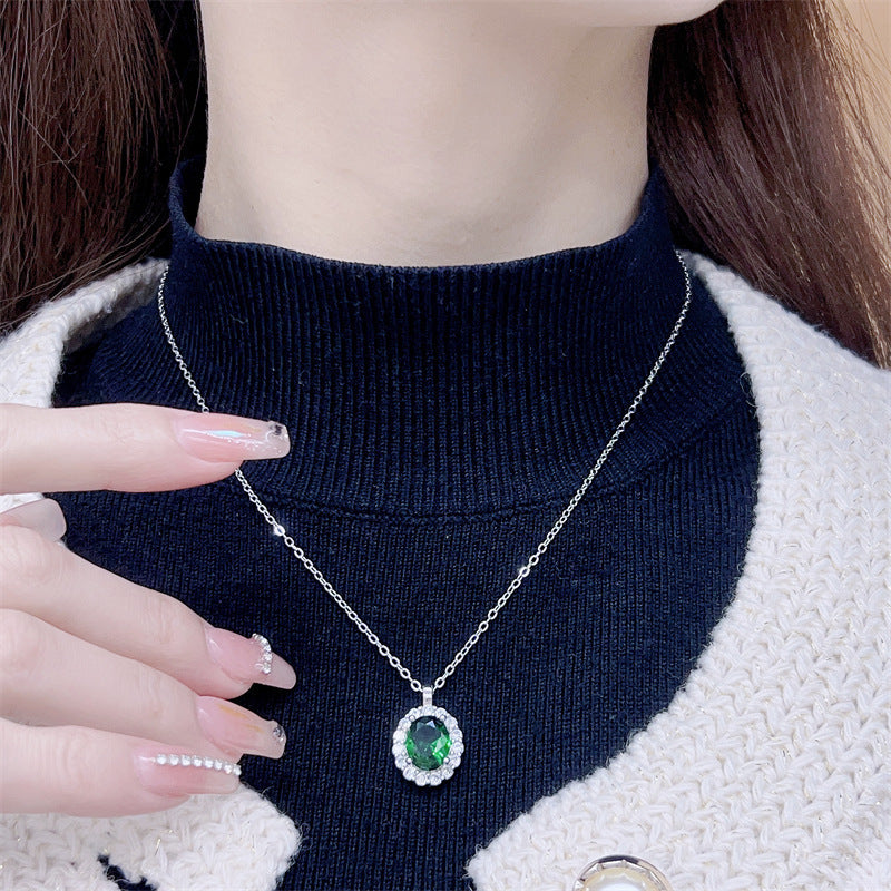 Women's Clavicle Emerald Chain Sterling Sier Gemstone Inlaid Zircon Jewelry Set