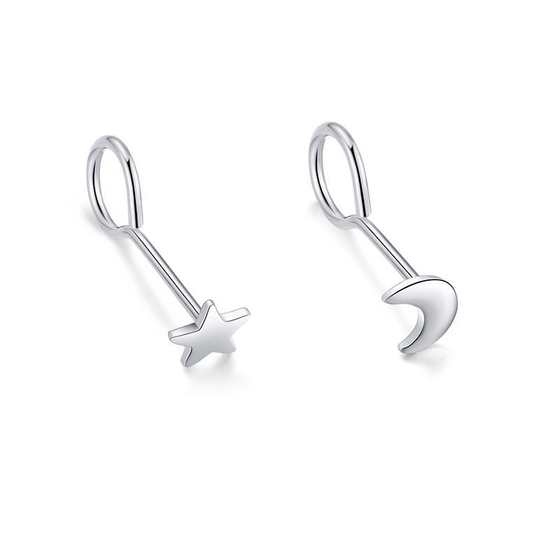 Sier-plated Engraved Female Star Moon Heart-shaped Ear Bar Mori Earrings