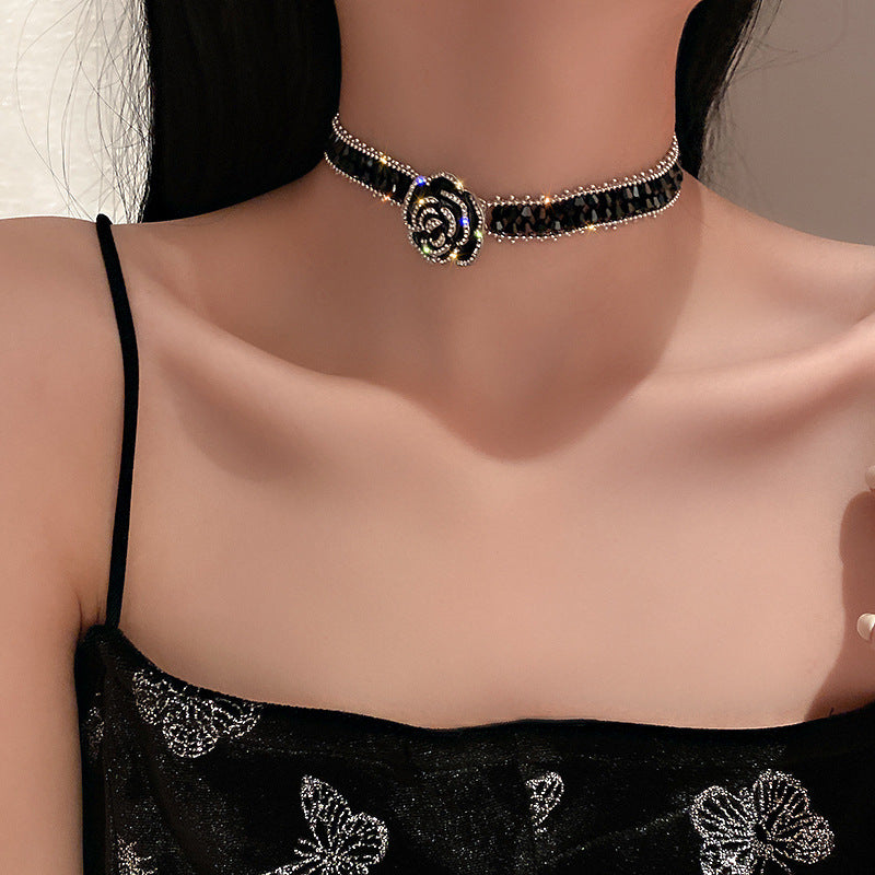 Women's Black Crystal Rose Flower Fashion Design Short Clavicle Necklaces