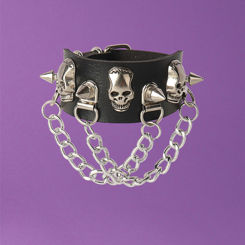 Punk Skull Rivet Tassel Chain Leather Bracelets