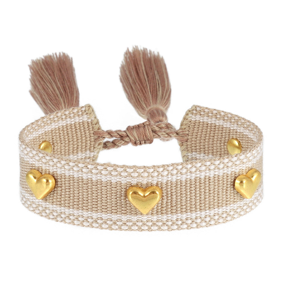 Couple Golden Heart-shaped Carrying Strap Hand-woven Tassel Bracelets