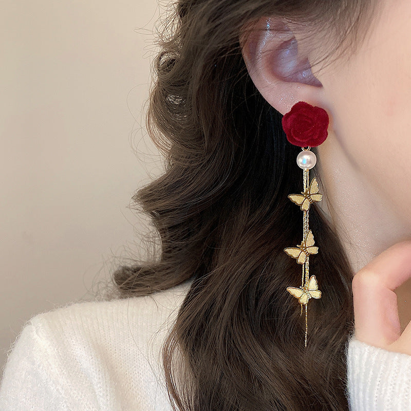 Women's Red Flower Long Butterfly Tassel Light Luxury High Sense Earrings