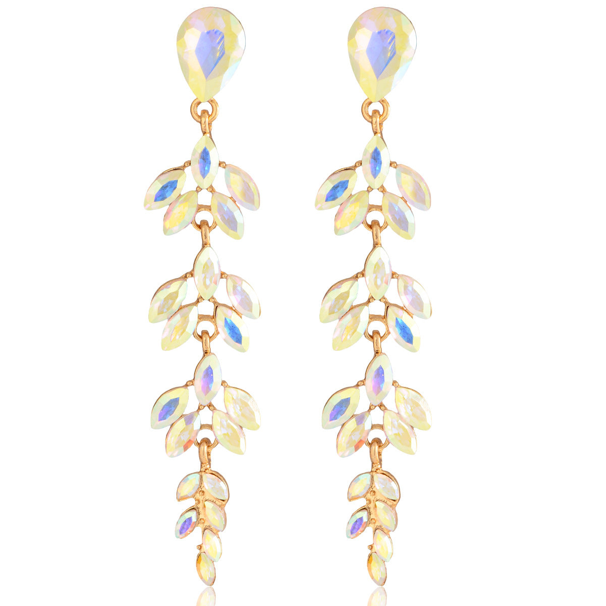 Elegant Wheat Fashion Long Gold-plated Inlaid Crystal Willow Leaf Shape Rings