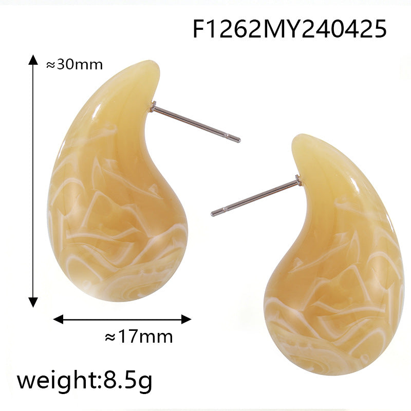 Fashion Simple Casual Style Resin Water Drop Shape Titanium Steel Earrings