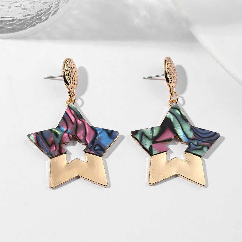 Daily Colorful Five-pointed Star Hollow Out Stitching Pendant Earrings