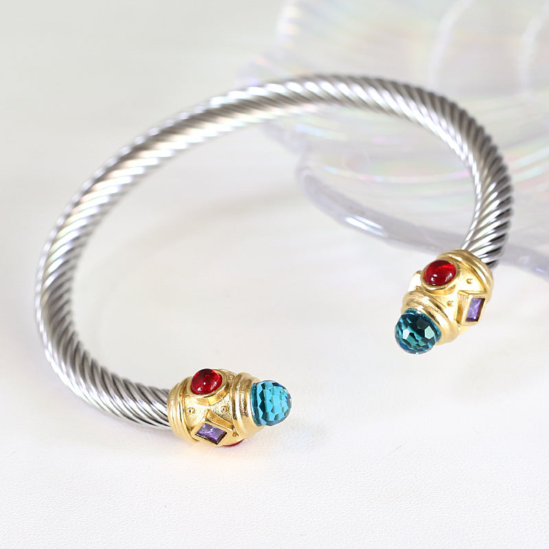 Wire Stainless Twisted Colorful Zircon Couples Openings Bracelet