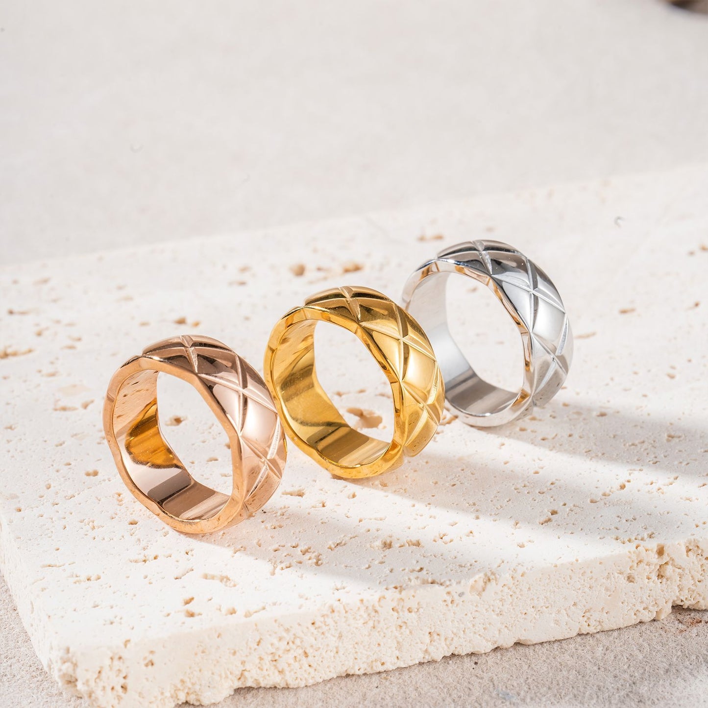 Classic Style Rhombus High Version Narrow Wide Couple Rose Gold Ring