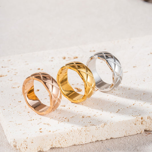 Classic Style Rhombus High Version Narrow Wide Couple Rose Gold Ring