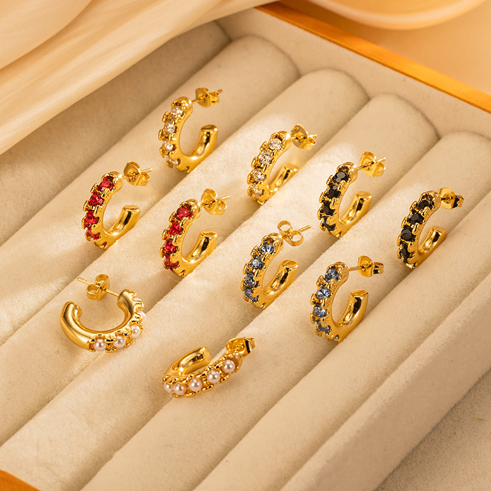 Women's Round Sticky Zircon Stainless Steel High-grade Versatile Earrings