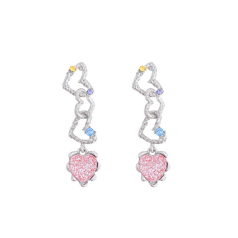 Women's Sier Needle Pink Heart-shaped Tassel Sweet Earrings