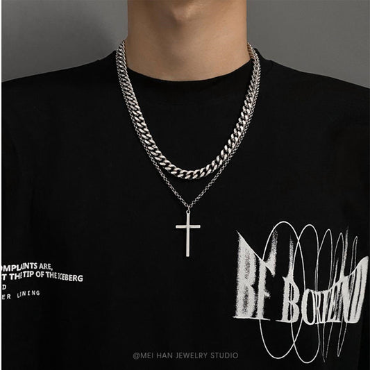 Men's Titanium Steel Cross Hip Hop Twin Necklaces