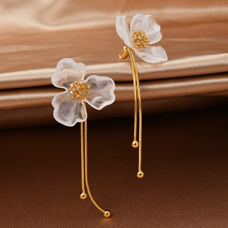 Ancient Chinese Style White Magnolia Long Fringe High-grade Stud Earrings