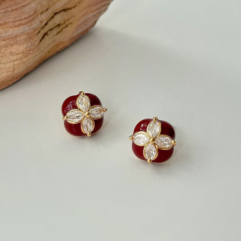 Women's Flower Red Drip Square For Mild Luxury Retro Fashion Earrings