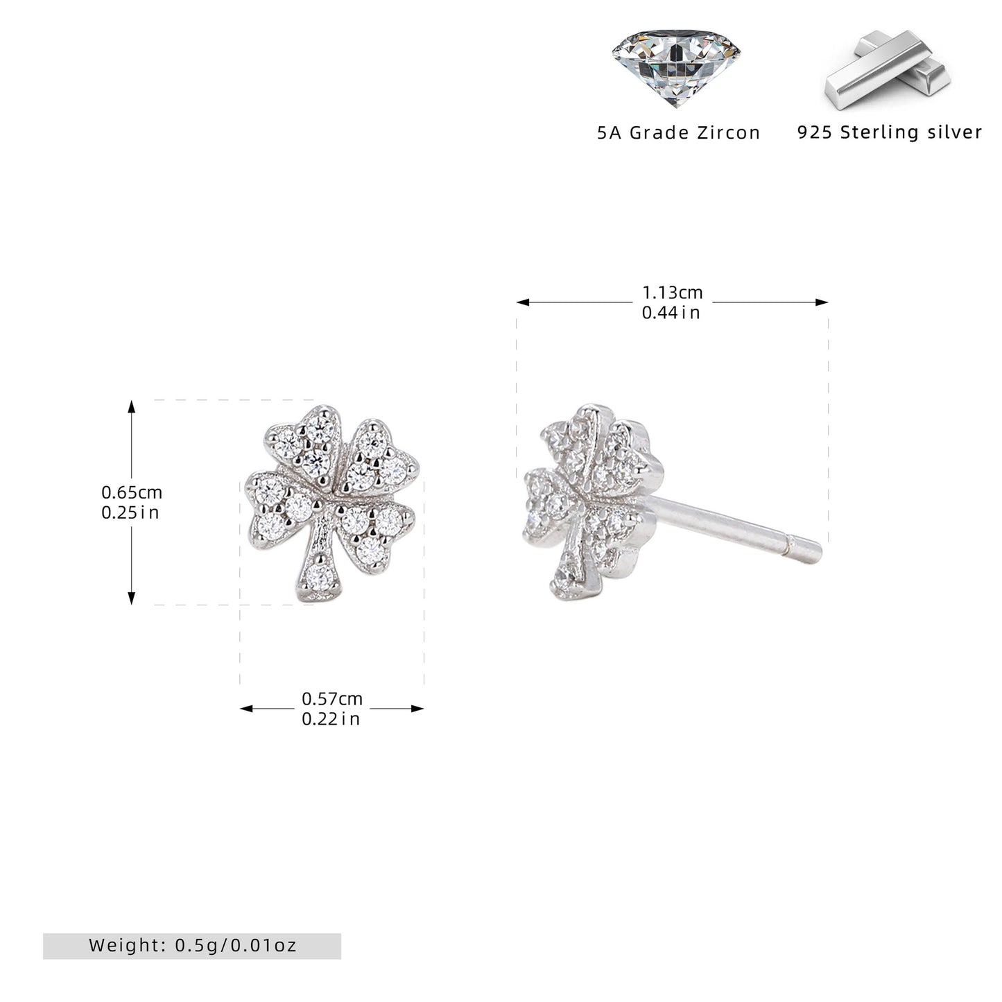 Sier Simple Small Micro Inlaid Stone Four Leaf Clover Ear Stud Earrings