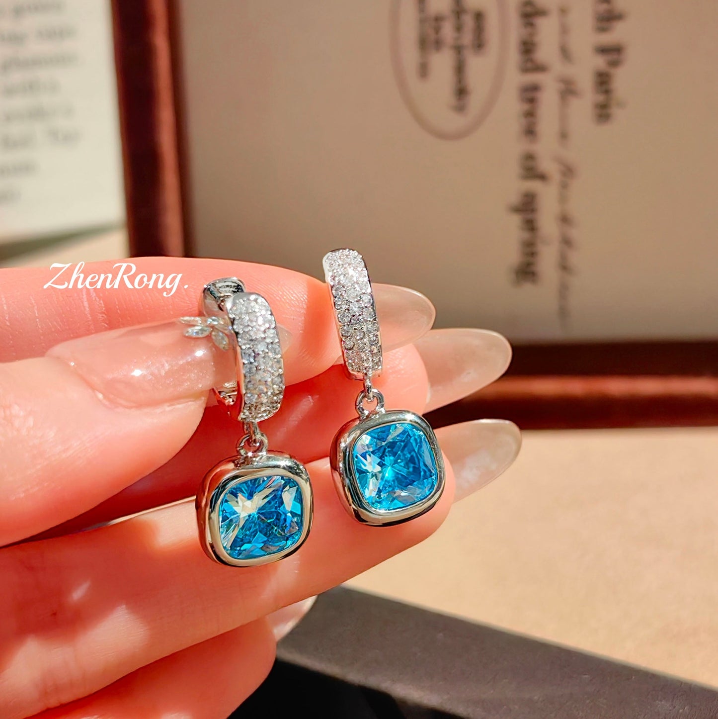 Women's Luxury French Small Square Sugar Cube Ear Aquamarine Plump Rose-red Jewelry Set