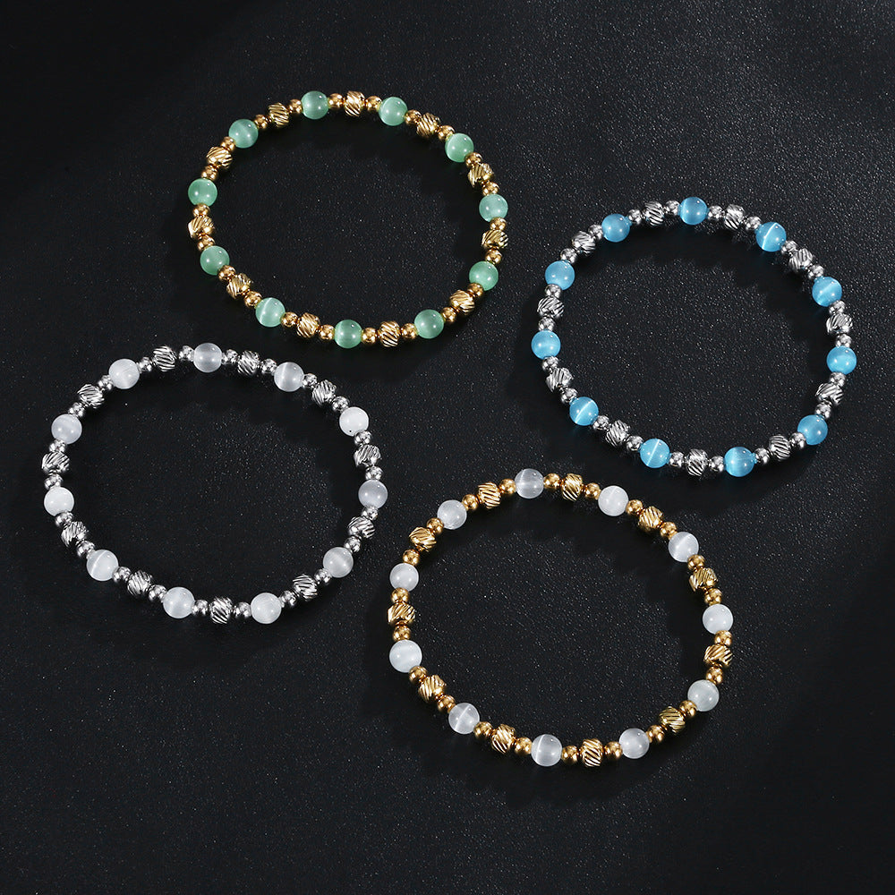 Steel Waterproof Hard-wearing Shiny Opal Round Beads Batch Pattern Elastic Bracelet