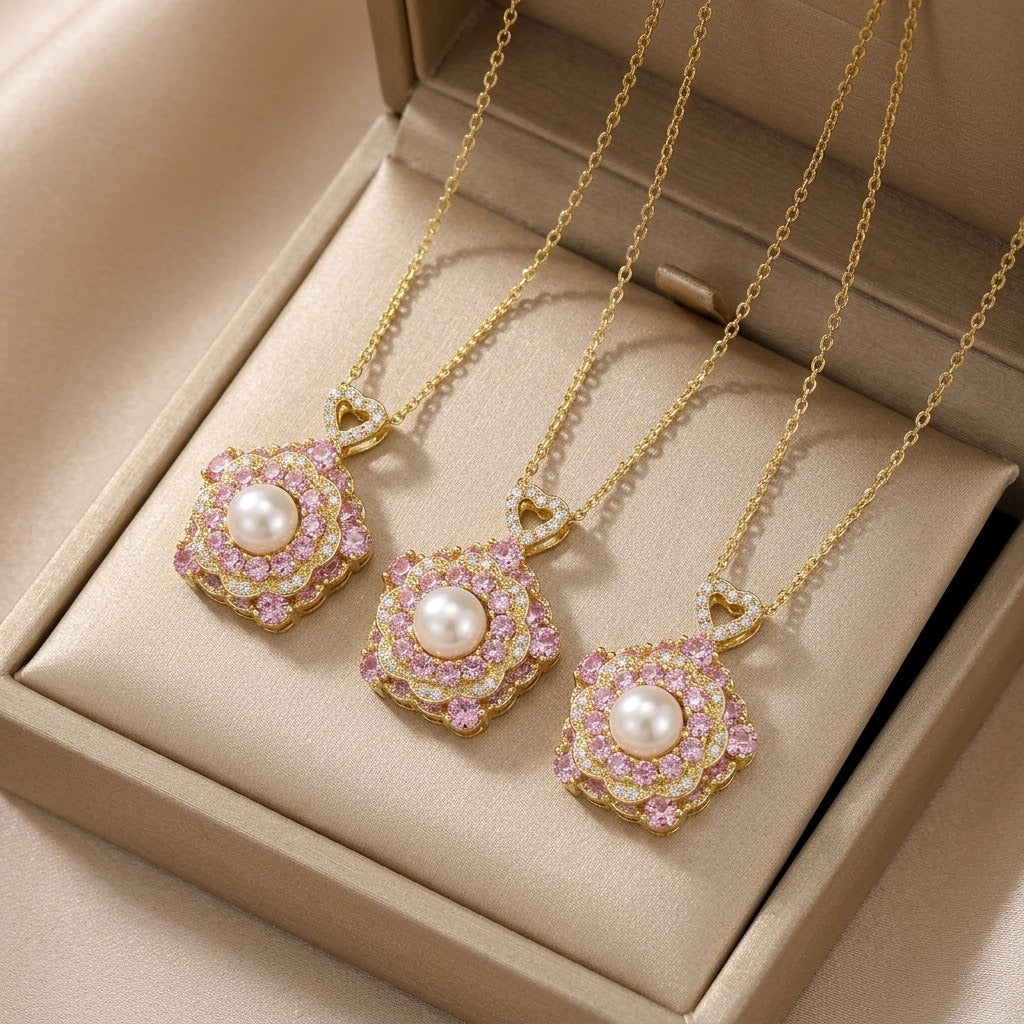 Female Pink Flower Zircon Niche Design Temperament Necklace