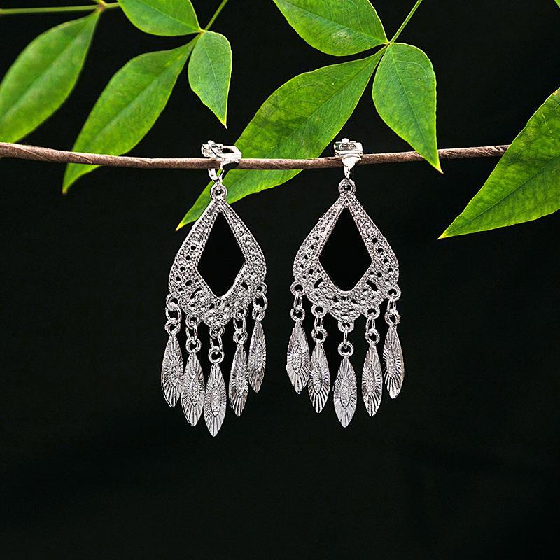Women's Ethnic Geometric Tassel Ear Clip Miao Sier Retro Elegant Earrings