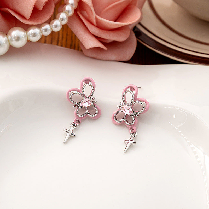 Sier Needle Design Butterfly Hollow Sweet Earrings